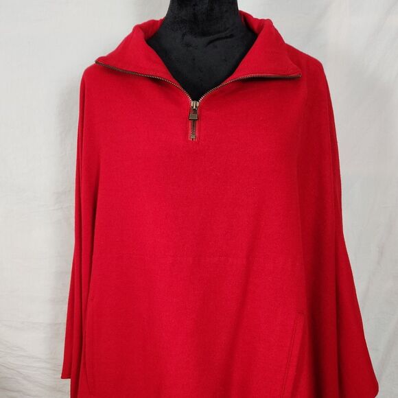 ST JOHNS BAY Wool Blend Cape 1/4 Zip Poncho Sweater One Size Red Pockets - Picture 2 of 11